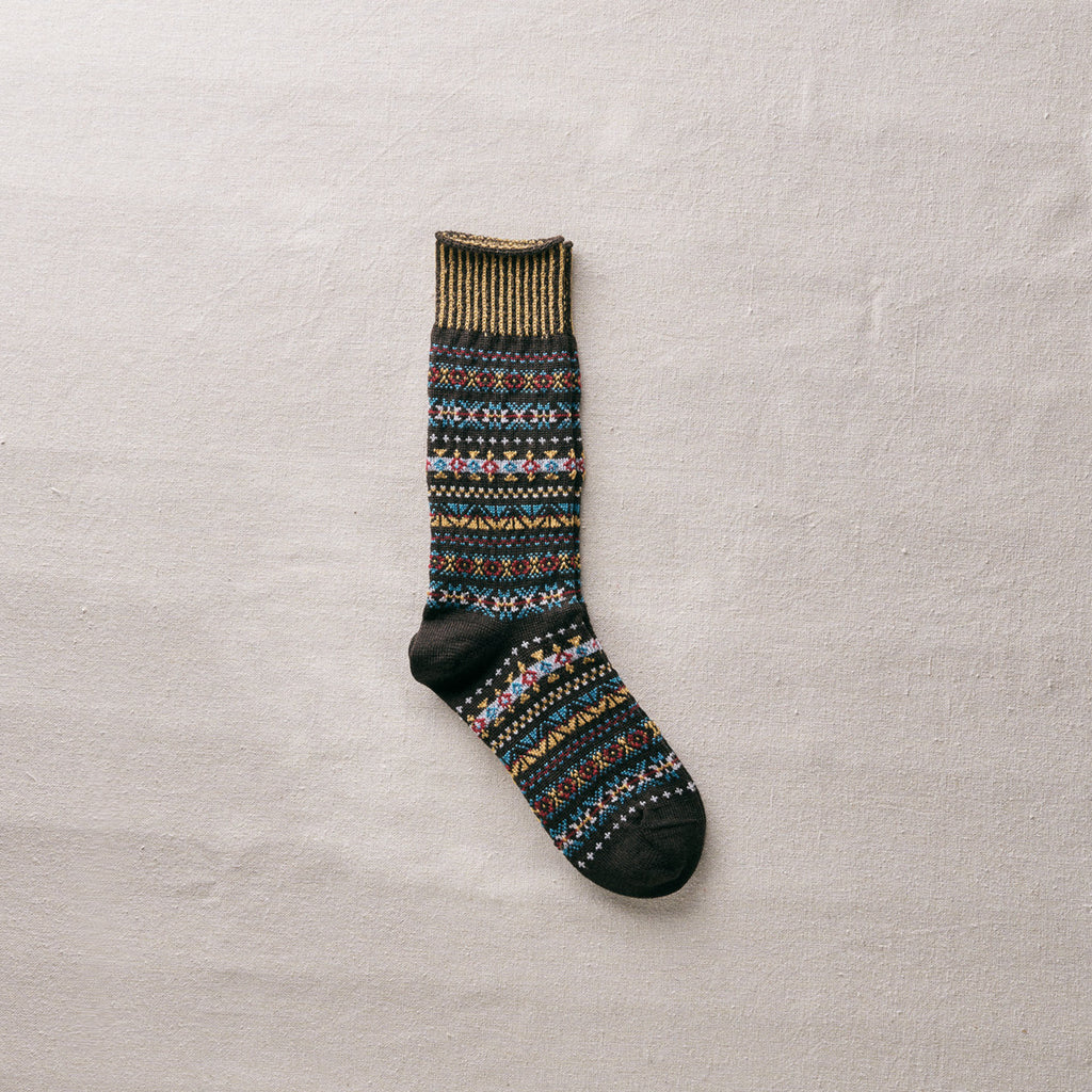 Japanese-made Yahae wool Fair Isle socks in classic knit pattern in brown