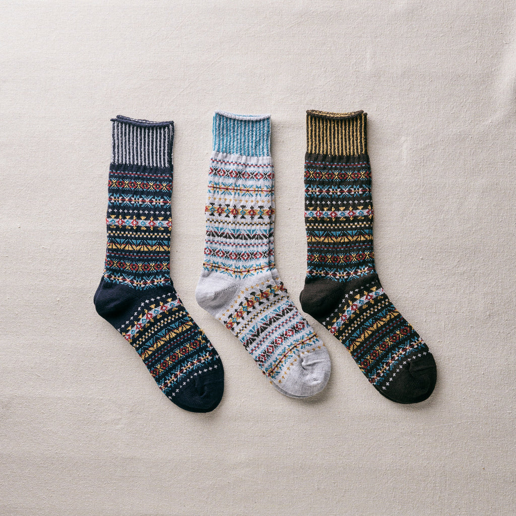 Japanese-made Yahae wool Fair Isle socks in classic knit pattern, colour options