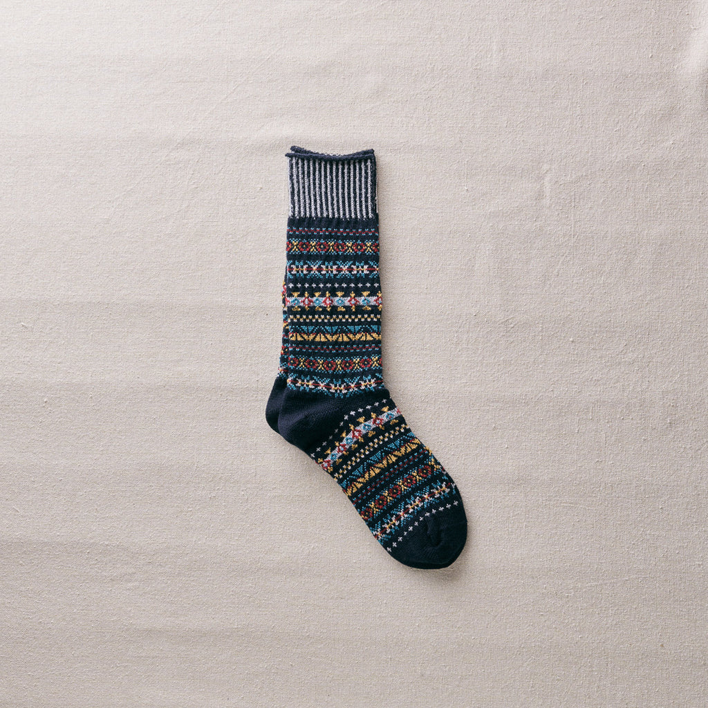 Japanese-made Yahae wool Fair Isle socks in classic knit pattern